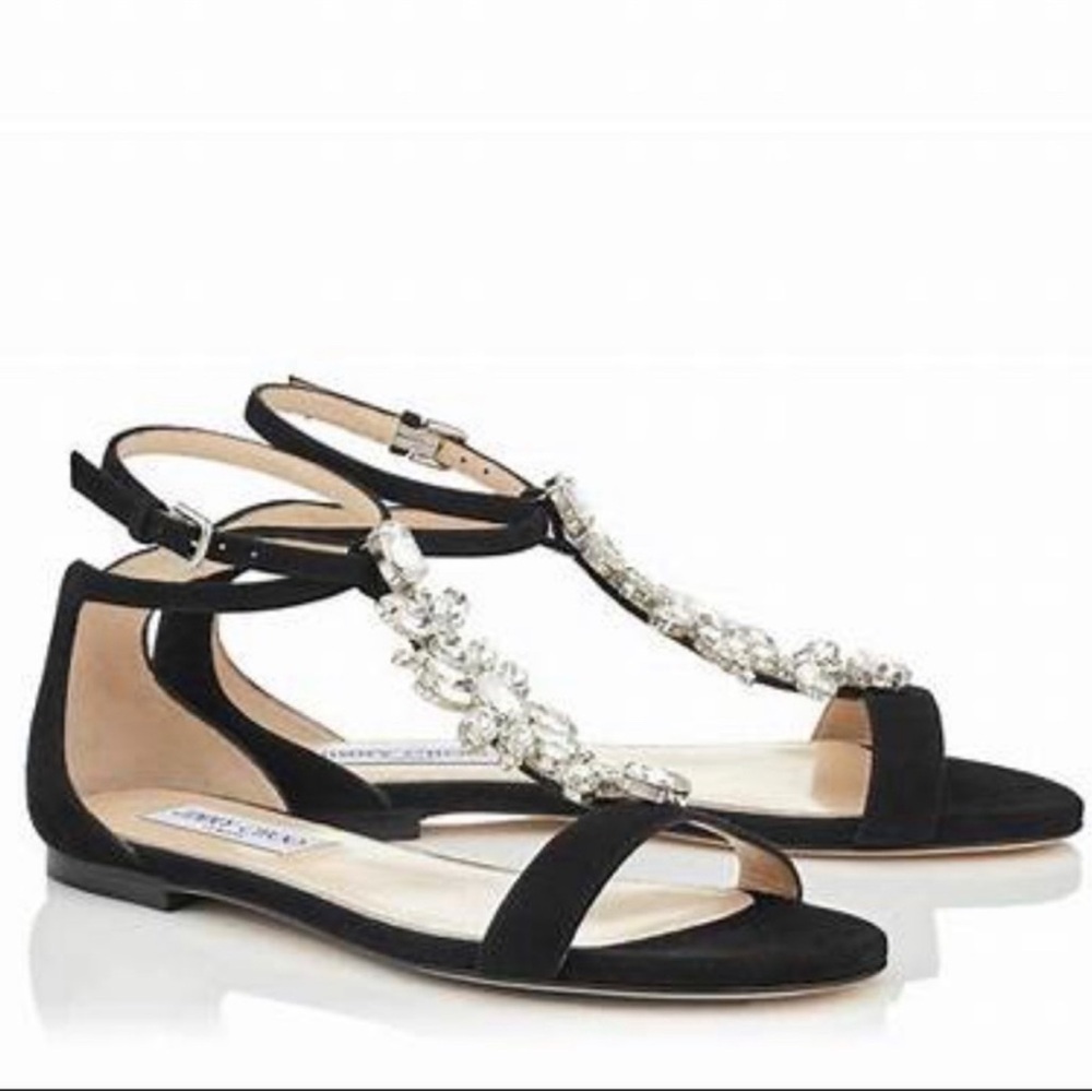 Jimmy Choo Averie Black Suede Sandals with Crystal Accents 39.5